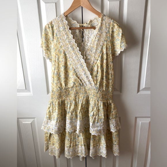 American Eagle Outfitters Dresses & Skirts - 🆕AEO Garden Party Yellow Floral Eyelet Linen Blend Tiered Faux Wrap Dress SZ XL